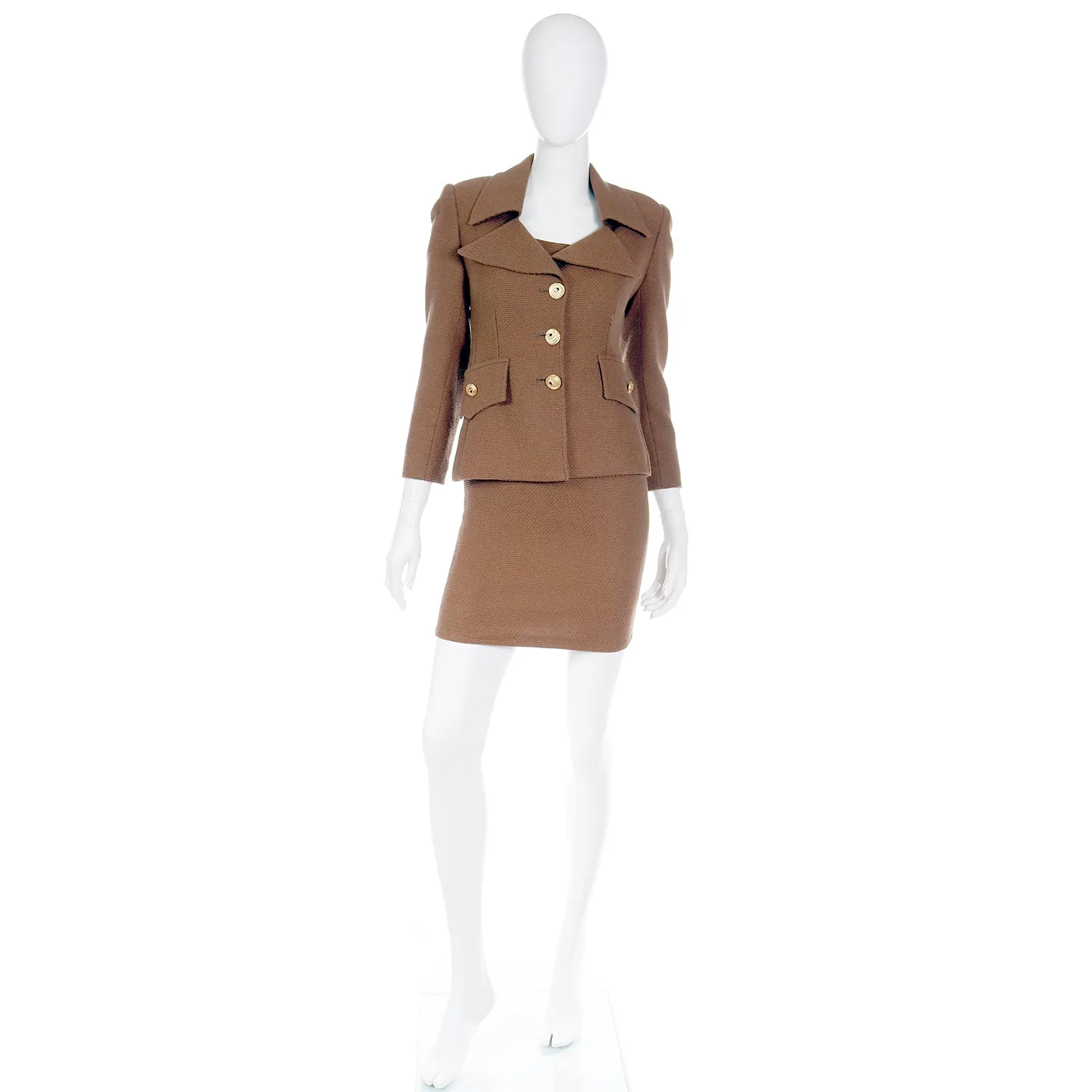 1990s Emanuel Ungaro Parallele Brown Dress and Jacket Suit Outfit