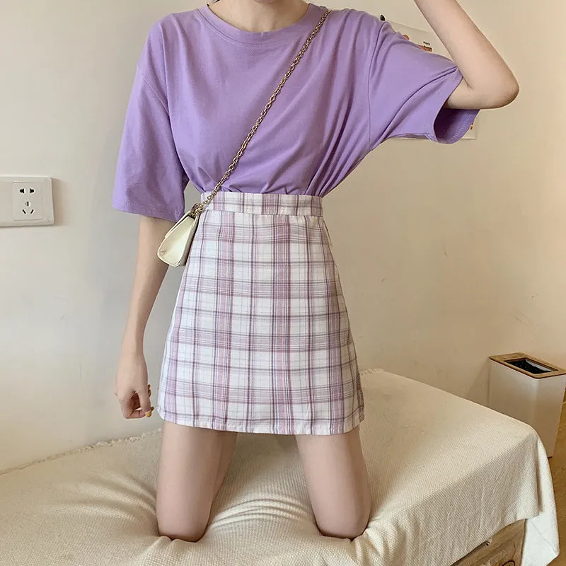 All-Matching Elegant Chequered Skirt Women Summer Teenage Girl College High Waist Slim Look A-Line Pencil Skirt