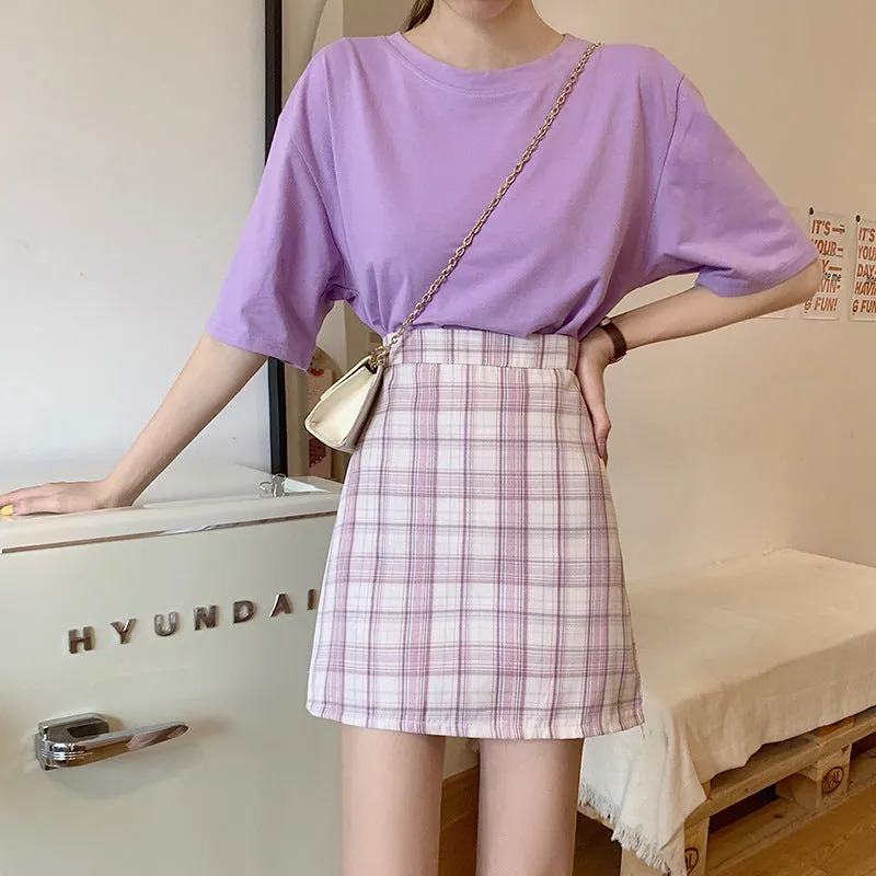 All-Matching Elegant Chequered Skirt Women Summer Teenage Girl College High Waist Slim Look A-Line Pencil Skirt