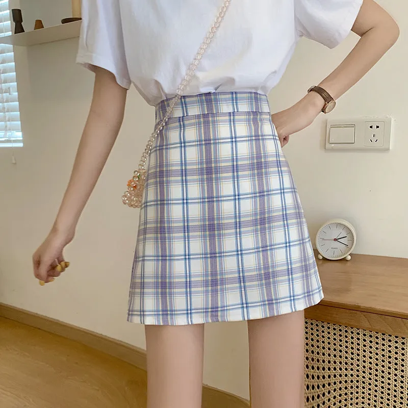 All-Matching Elegant Chequered Skirt Women Summer Teenage Girl College High Waist Slim Look A-Line Pencil Skirt