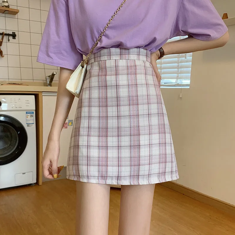 All-Matching Elegant Chequered Skirt Women Summer Teenage Girl College High Waist Slim Look A-Line Pencil Skirt