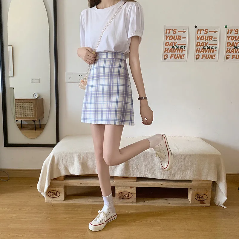 All-Matching Elegant Chequered Skirt Women Summer Teenage Girl College High Waist Slim Look A-Line Pencil Skirt