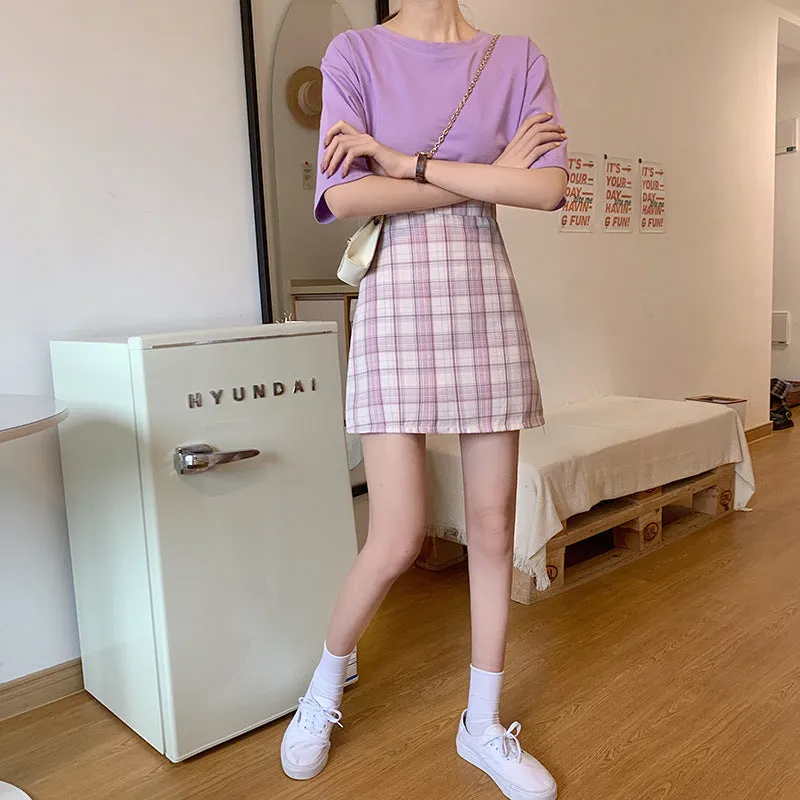 All-Matching Elegant Chequered Skirt Women Summer Teenage Girl College High Waist Slim Look A-Line Pencil Skirt