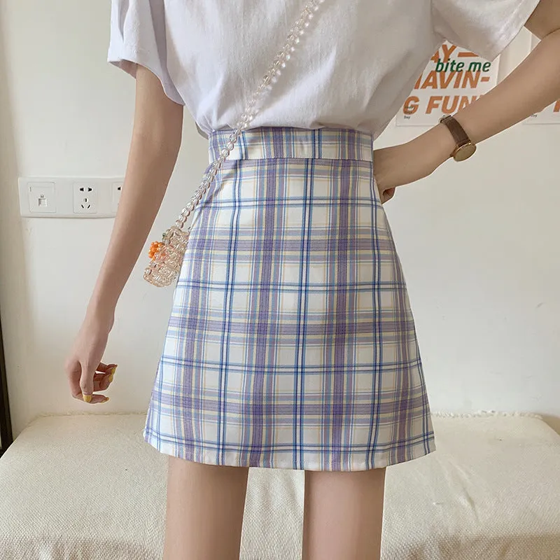 All-Matching Elegant Chequered Skirt Women Summer Teenage Girl College High Waist Slim Look A-Line Pencil Skirt