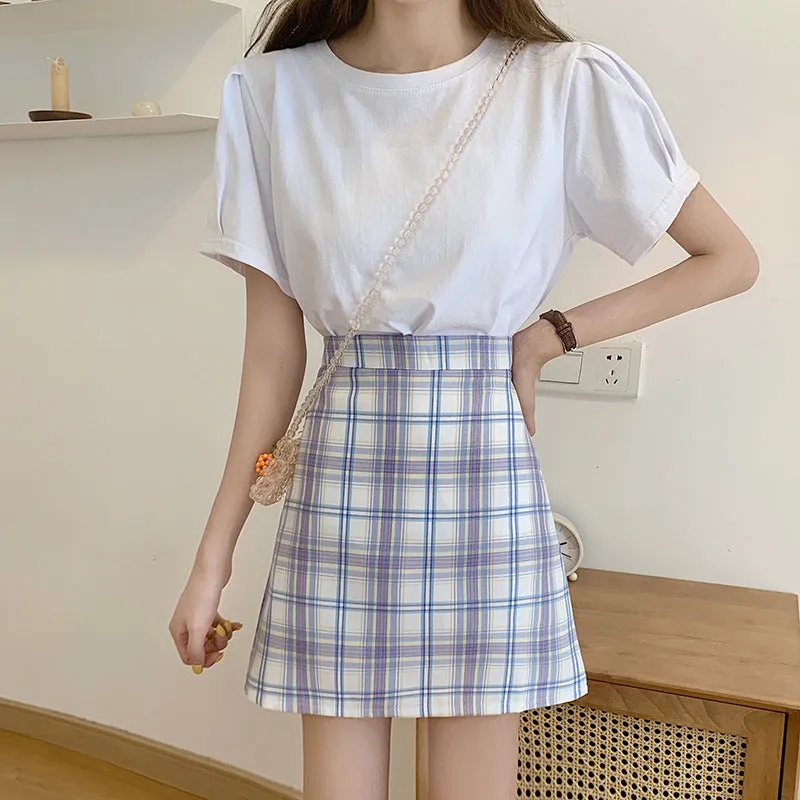 All-Matching Elegant Chequered Skirt Women Summer Teenage Girl College High Waist Slim Look A-Line Pencil Skirt