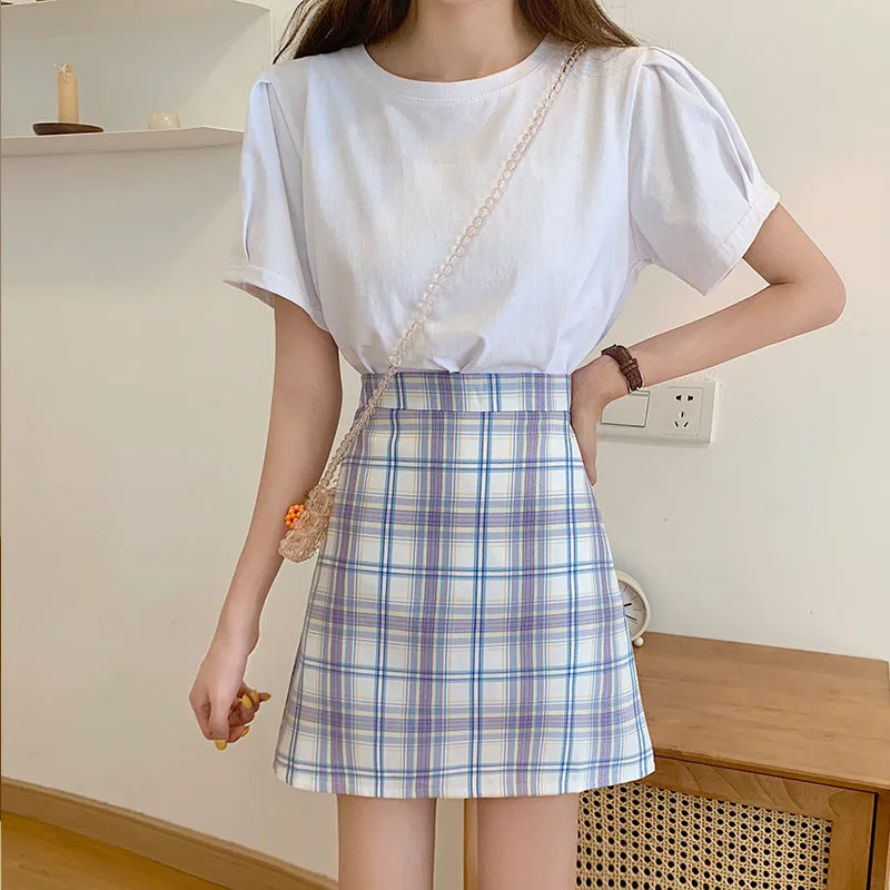 All-Matching Elegant Chequered Skirt Women Summer Teenage Girl College High Waist Slim Look A-Line Pencil Skirt