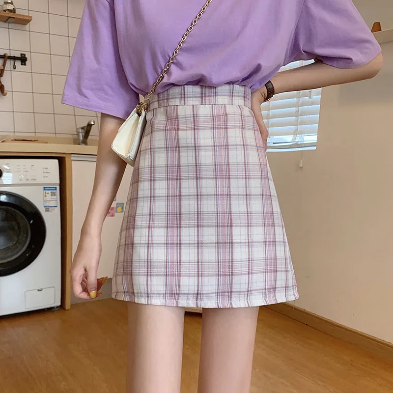 All-Matching Elegant Chequered Skirt Women Summer Teenage Girl College High Waist Slim Look A-Line Pencil Skirt