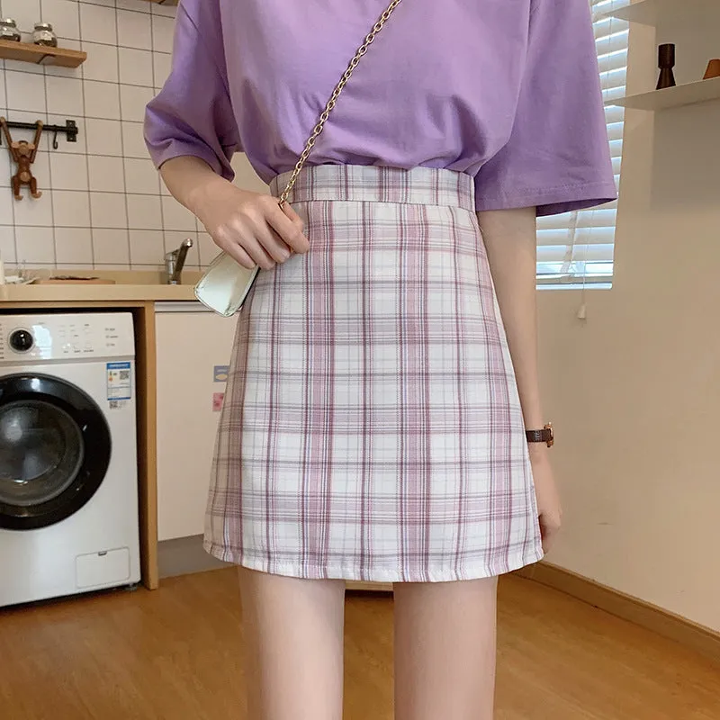 All-Matching Elegant Chequered Skirt Women Summer Teenage Girl College High Waist Slim Look A-Line Pencil Skirt