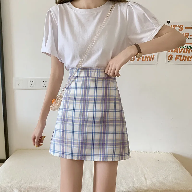 All-Matching Elegant Chequered Skirt Women Summer Teenage Girl College High Waist Slim Look A-Line Pencil Skirt