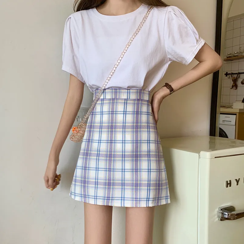 All-Matching Elegant Chequered Skirt Women Summer Teenage Girl College High Waist Slim Look A-Line Pencil Skirt