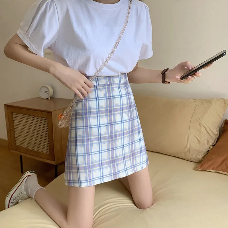 All-Matching Elegant Chequered Skirt Women Summer Teenage Girl College High Waist Slim Look A-Line Pencil Skirt