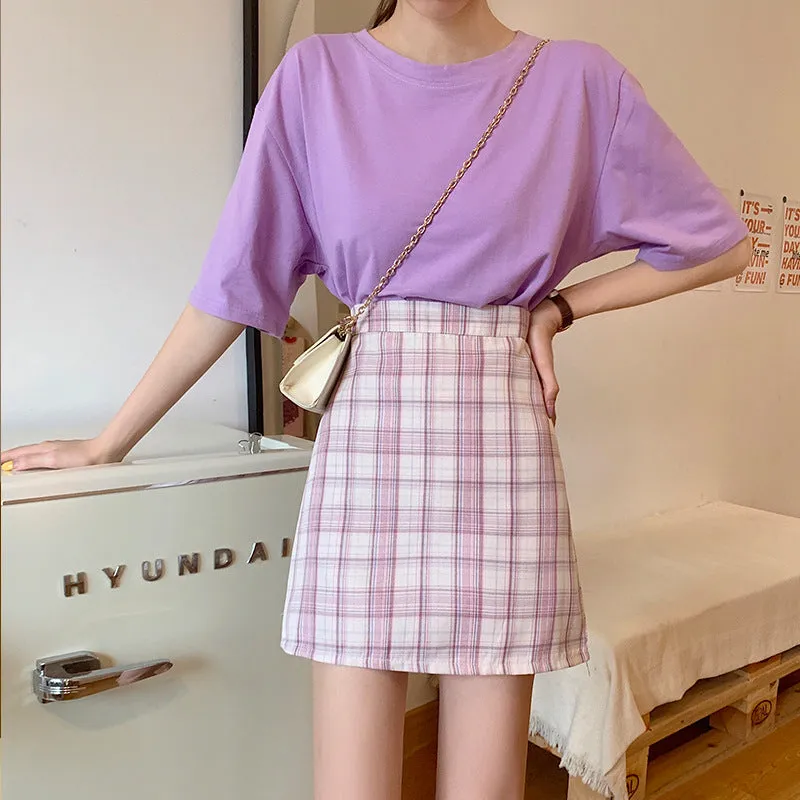 All-Matching Elegant Chequered Skirt Women Summer Teenage Girl College High Waist Slim Look A-Line Pencil Skirt