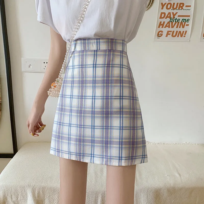 All-Matching Elegant Chequered Skirt Women Summer Teenage Girl College High Waist Slim Look A-Line Pencil Skirt