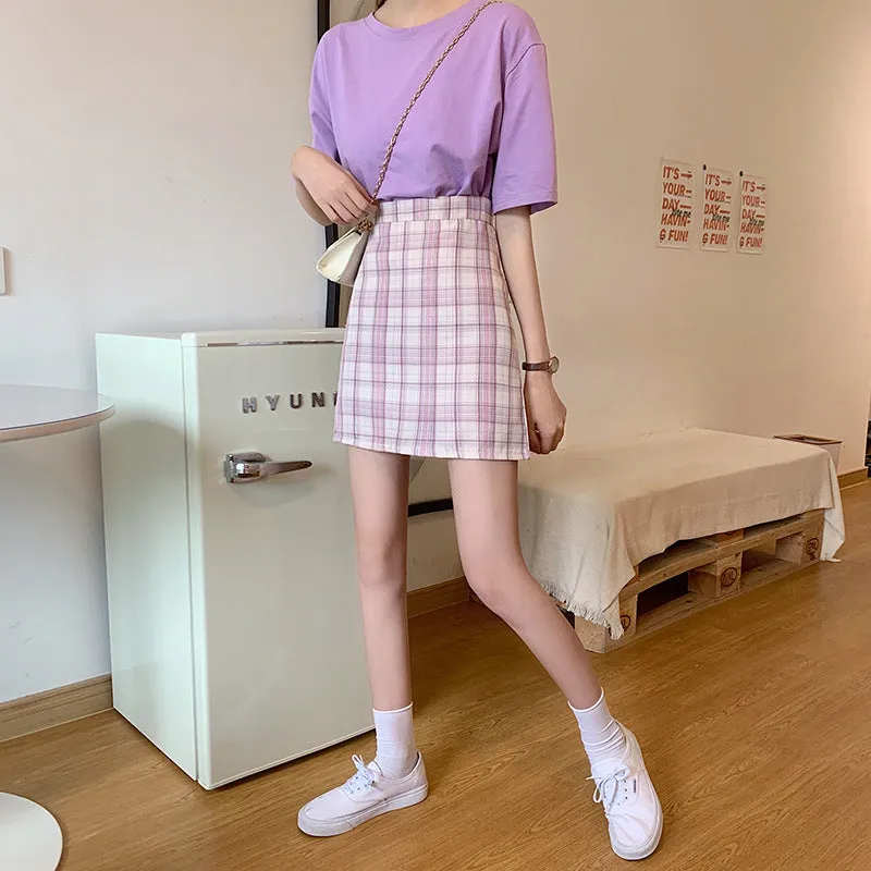 All-Matching Elegant Chequered Skirt Women Summer Teenage Girl College High Waist Slim Look A-Line Pencil Skirt