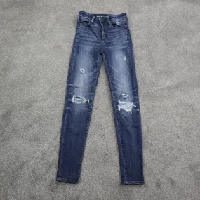 American Eagle Women Jegging Jeans Distressed Super Stretch Mid Rise Blue SZ 00