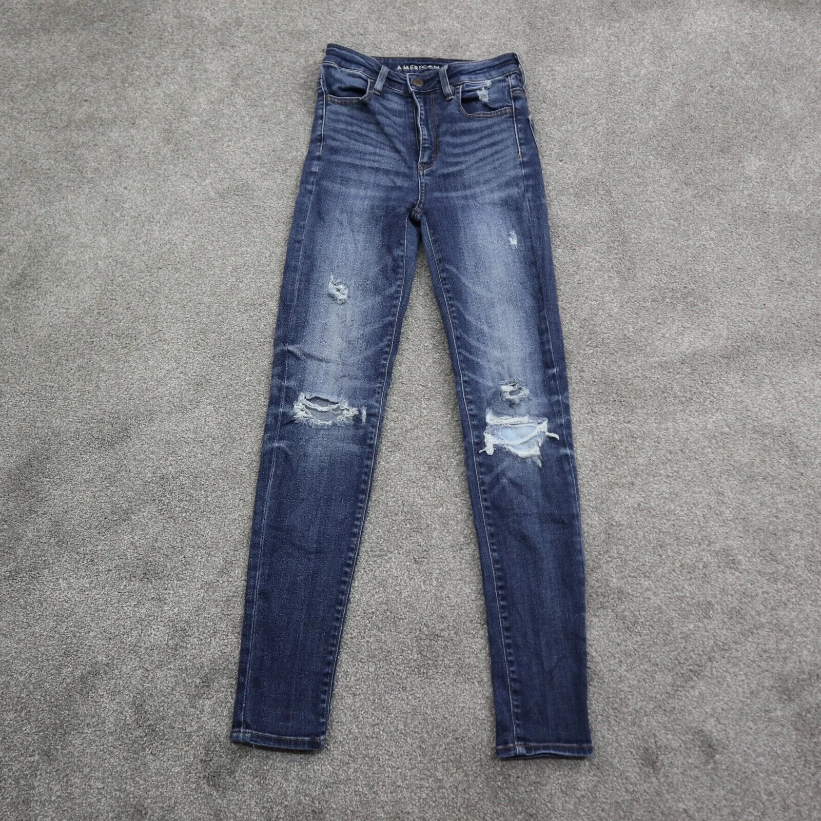 American Eagle Women Jegging Jeans Distressed Super Stretch Mid Rise Blue SZ 00