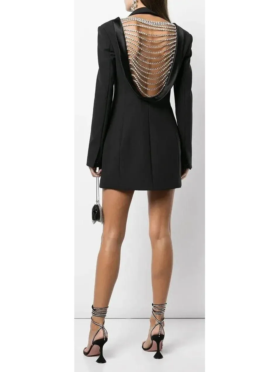 Backless Draped Crystal Blazer Dress