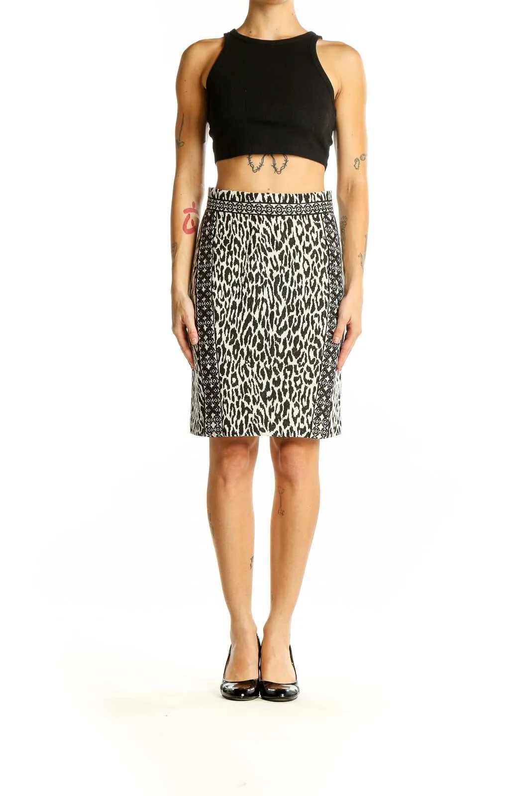 Black and White Leopard Print Pencil Skirt