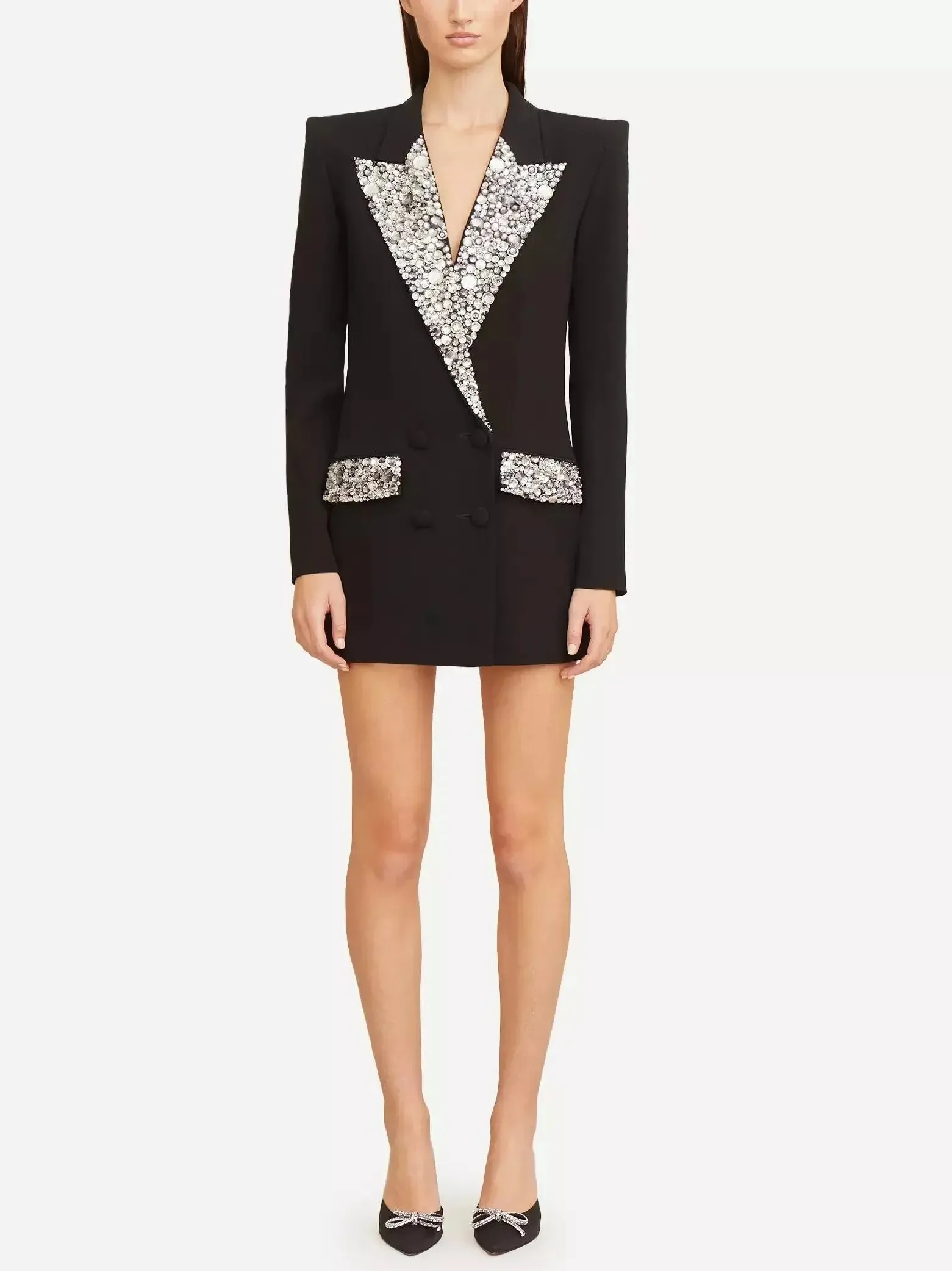 Black Cady Blazer-Mini Dress with Crystal-Embellished Collar and Pockets