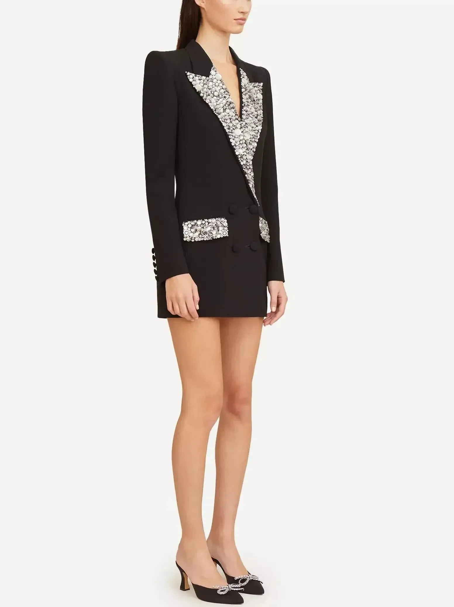 Black Cady Blazer-Mini Dress with Crystal-Embellished Collar and Pockets