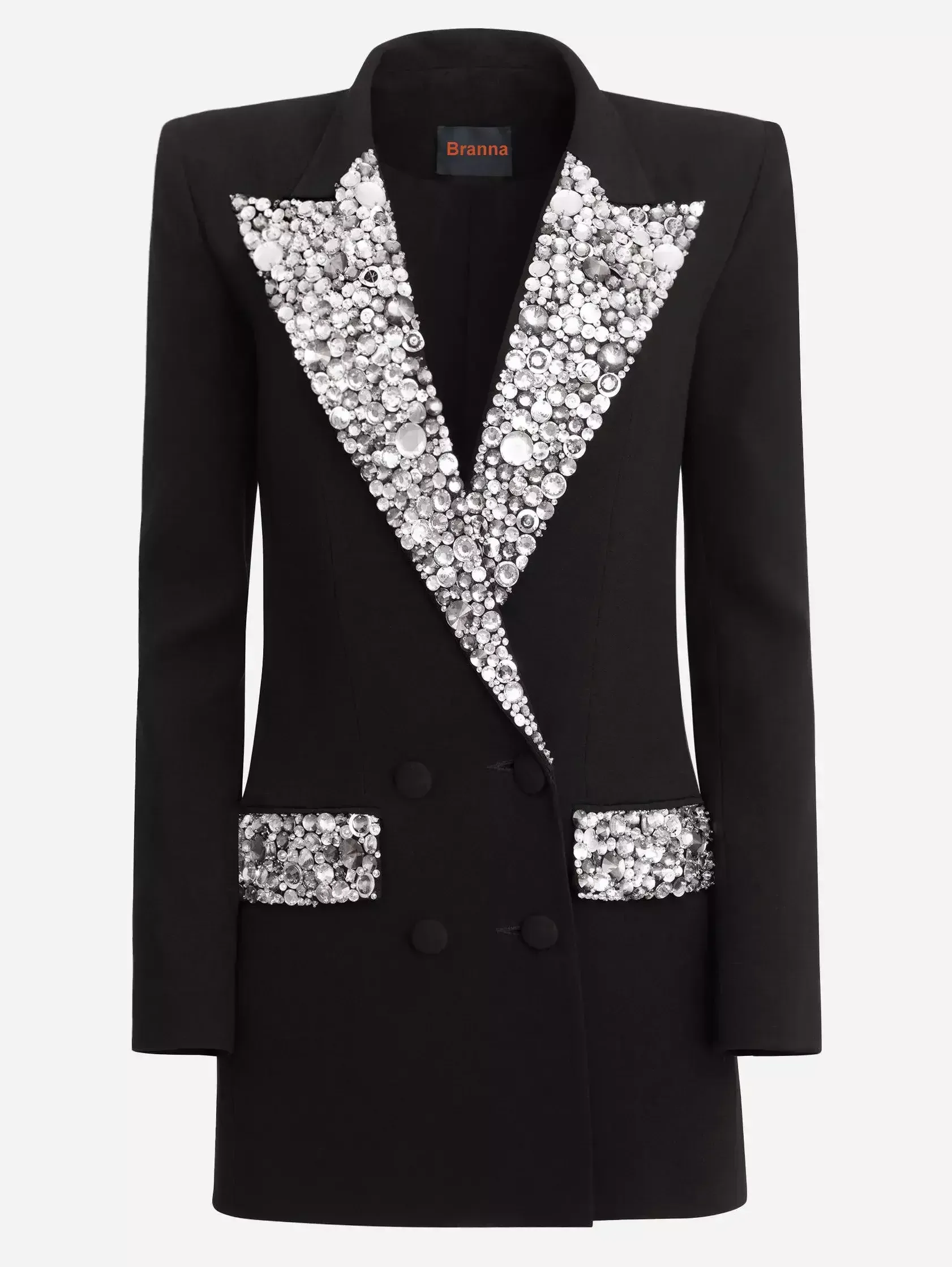 Black Cady Blazer-Mini Dress with Crystal-Embellished Collar and Pockets