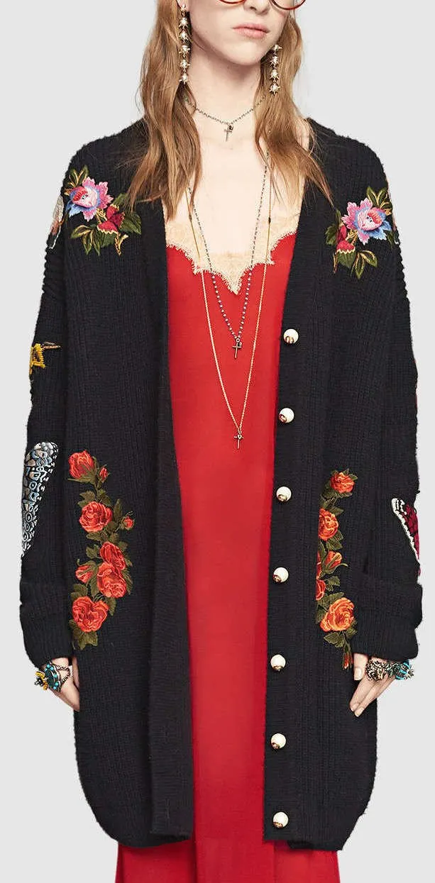 Black Oversized Embroidered Cardigan Sweater