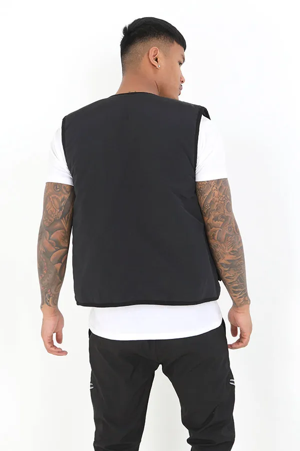 BLACK UTILITY STYLE ZIP THROUGH PADDED VEST