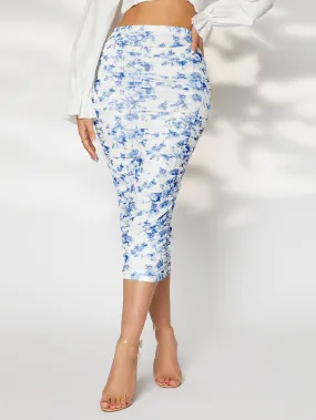 Blue White Floral Print Ruched Slim Fit Skirt