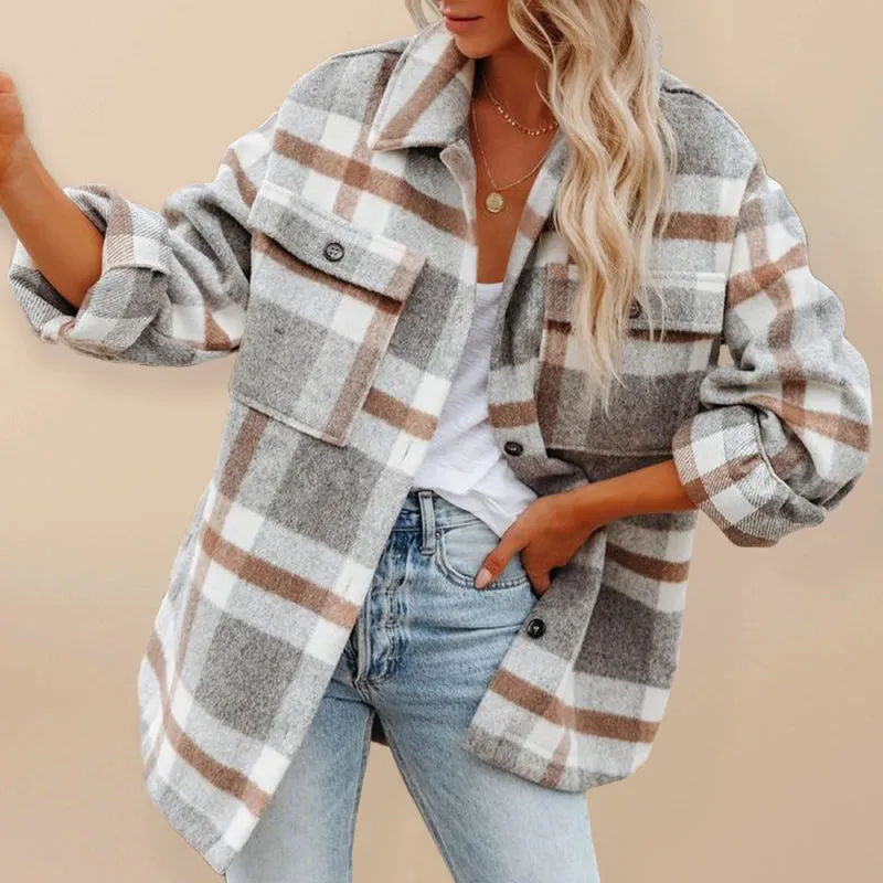 Blue Zone Planet |  Autumn and winter autumn and winter long-sleeved lapel loose plaid woolen coat