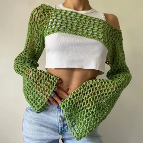 Boho Boat Neck Bell Sleeve Cutout Crochet Knit Super Crop Shrug Sweater