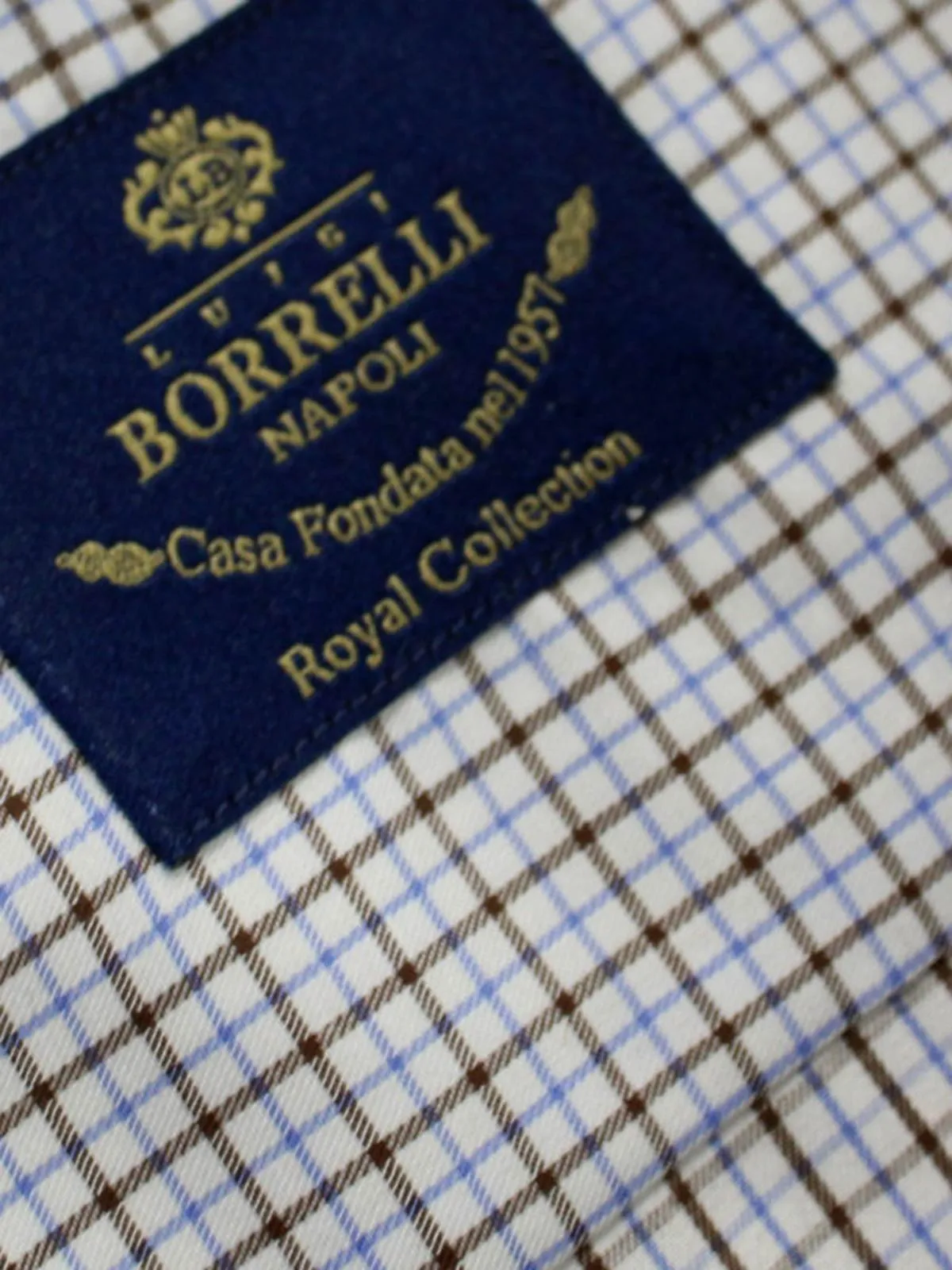 Borrelli Dress Shirt ROYAL COLLECTION White Blue Brown Check 40 - 15 3/4 FINAL SALE