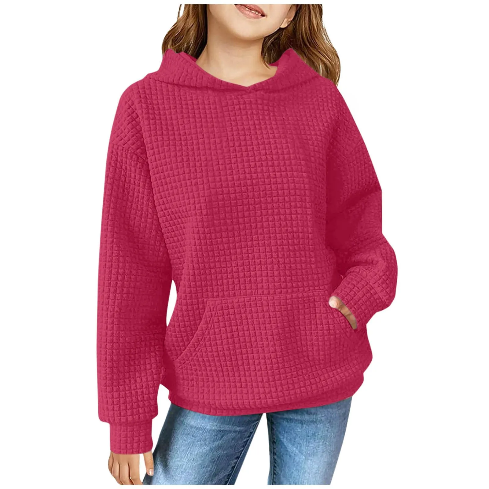 BXJX girls sweatshirt Waffle Knit Hoodies For Teen Girls Casual Plain Long Sleeve Sweatshirts Cute Pullover Tops Girls Spring Fashion Clothes girls winter clothes Hot Pink 7 Years