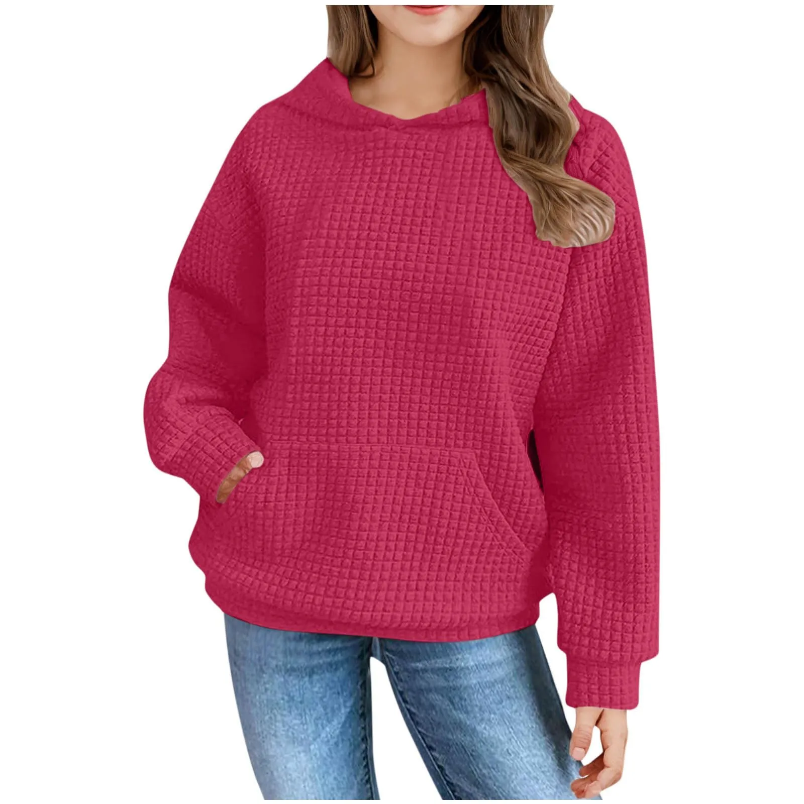 BXJX girls sweatshirt Waffle Knit Hoodies For Teen Girls Casual Plain Long Sleeve Sweatshirts Cute Pullover Tops Girls Spring Fashion Clothes girls winter clothes Hot Pink 7 Years