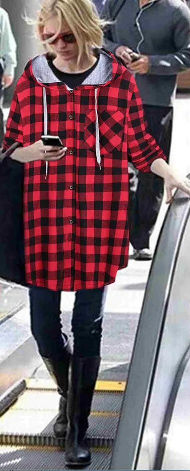 Christmas Plaid Loose Hoodie Plus Size Coat