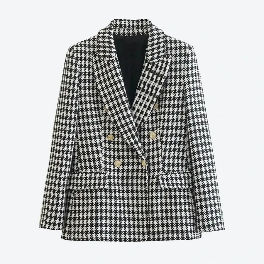 Classic Houndstooth Double-Breasted Blazer Jackets