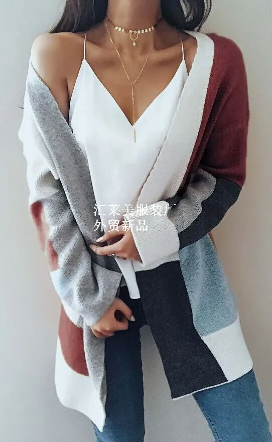 Color Block Patchwork Oversize Women Cocoon Long Cardigan