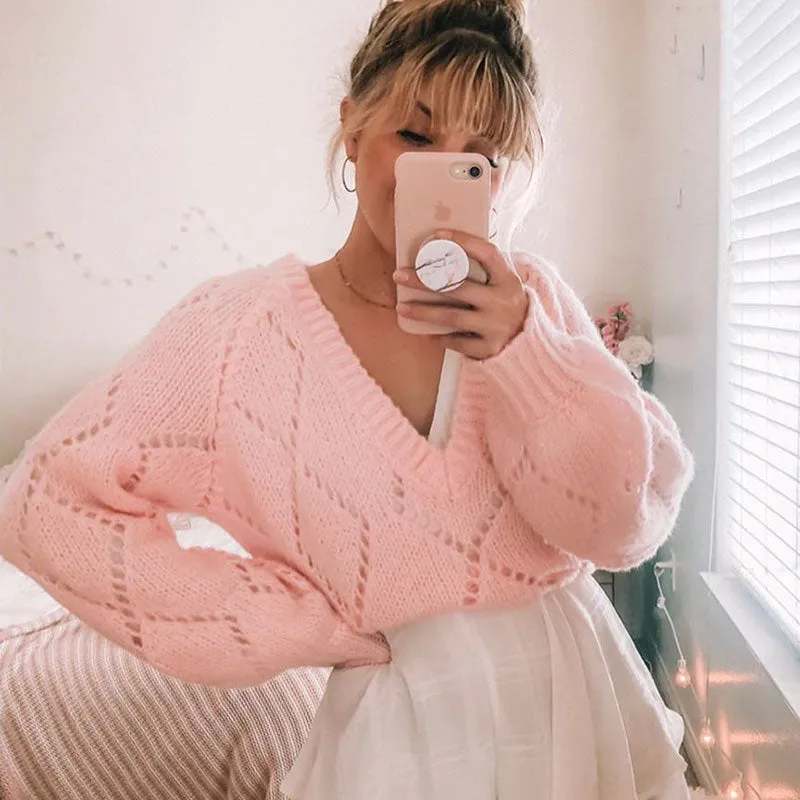 Cute Pink Oversized V Neck Long Sleeve Argy Pointelle Knit Sweater