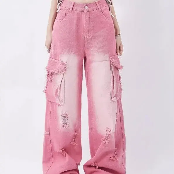 Distressed Pink Cargo Jeans