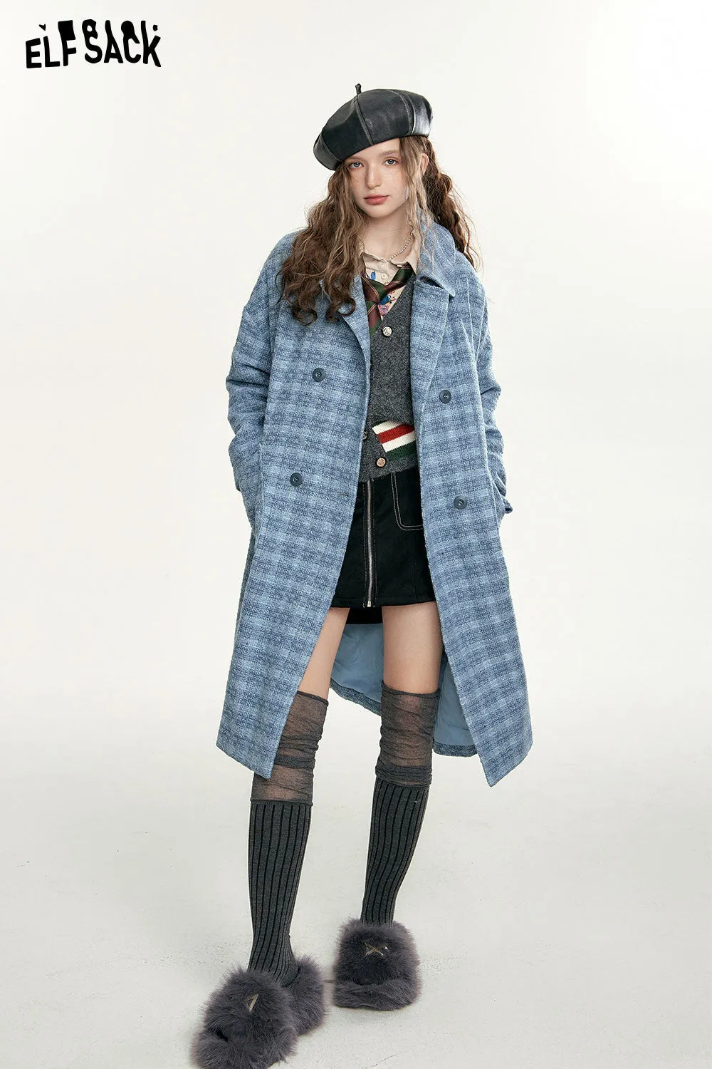 ELFSACK Blue Vintage Plaid Coats Women 2023 Autumn/Winter Academic Style Mid-length Outwears