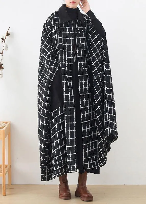 Fashion casual maxi coat outwear black white plaid lapel pockets Woolen Coats