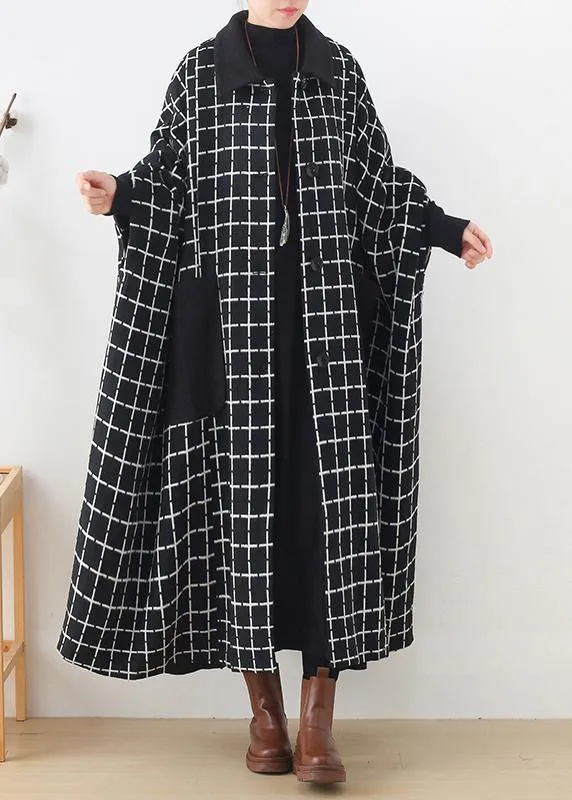 Fashion casual maxi coat outwear black white plaid lapel pockets Woolen Coats