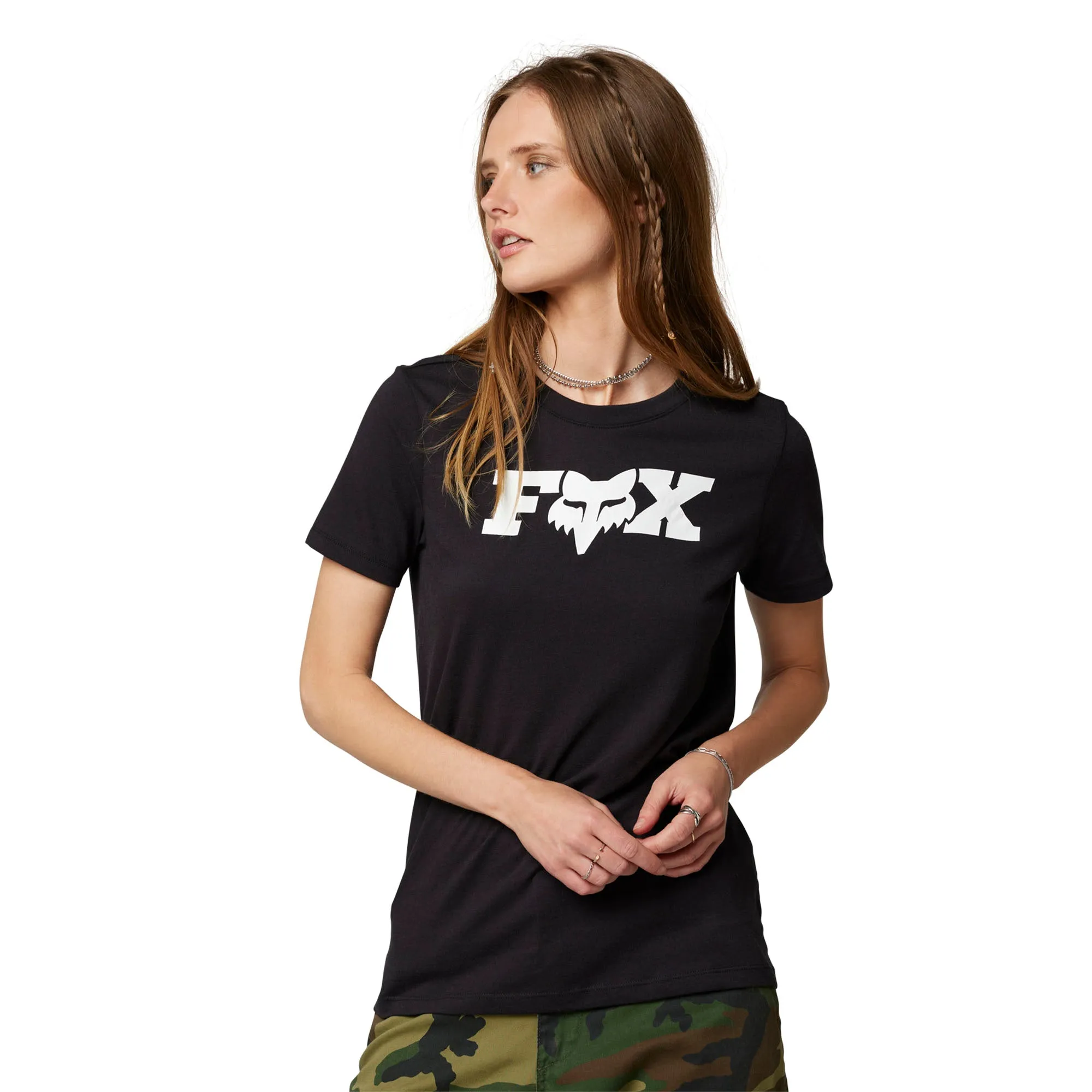 Fox Racing  Womens Black Bracer Tee T-Shirt Short Sleeve Relaxed Fit Crew Neck