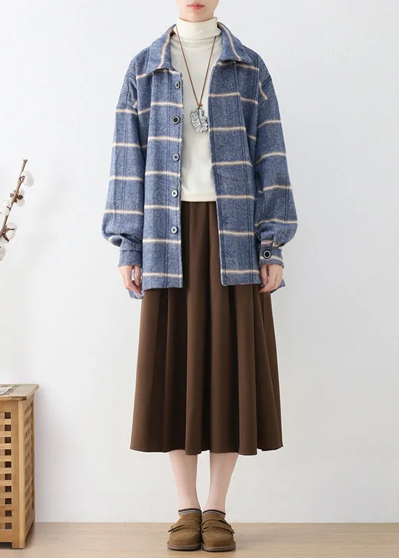 French Blue Peter Pan Collar Plaid Button Woolen Coats Fall