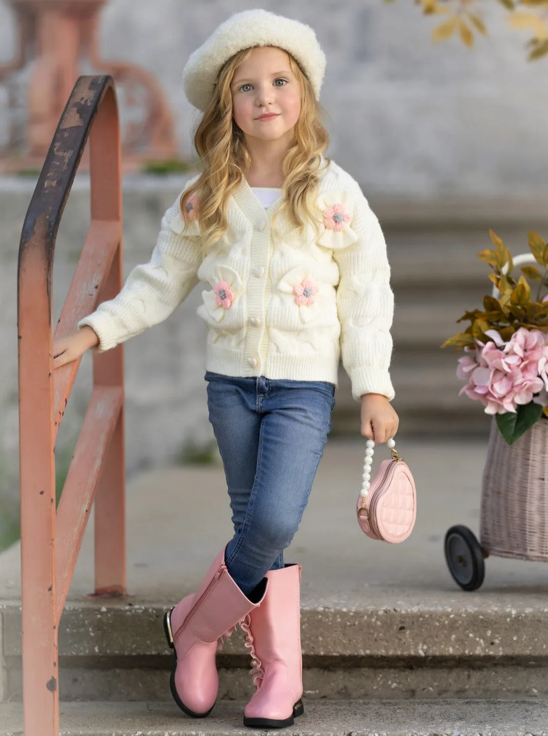 Girls Floral Button-up Cardigan With Adorable 3d Flower Details And Heart-shaped Buttons