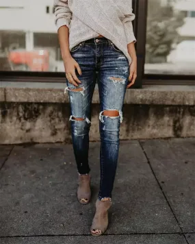 High Waist Ripped Hole Cropped Skinny Jeans