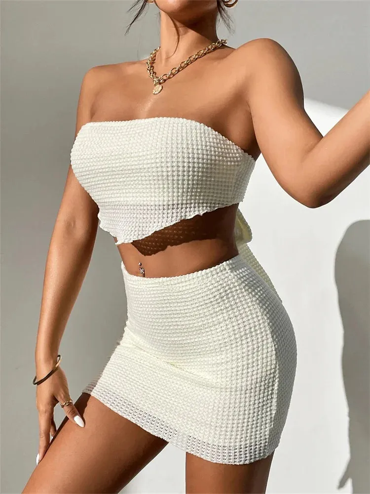 JuliaFashion - Knitted Ruched Strapless Tube Tops High Waist Skirts Suits