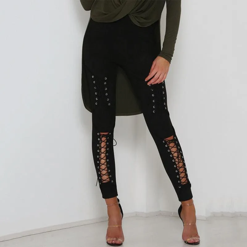 LACE-UP SUEDE SKINNY PANTS