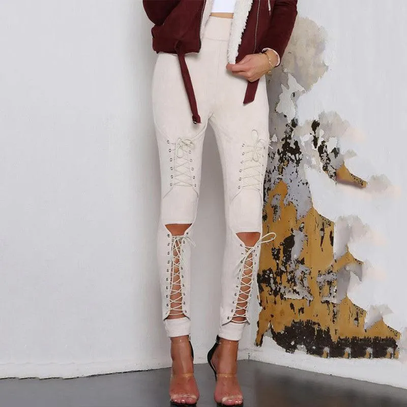 LACE-UP SUEDE SKINNY PANTS