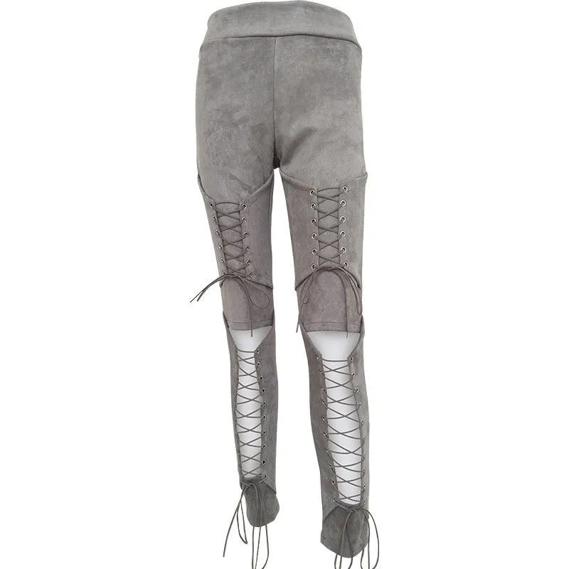 LACE-UP SUEDE SKINNY PANTS