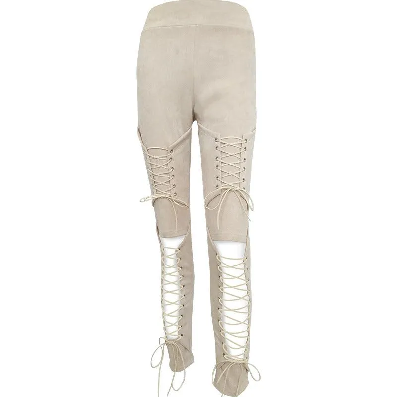 LACE-UP SUEDE SKINNY PANTS